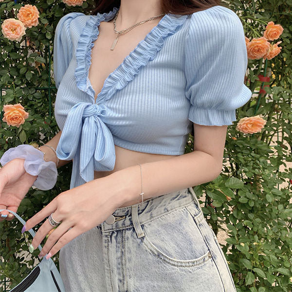 Baby Blue Knot Tie Crop Top