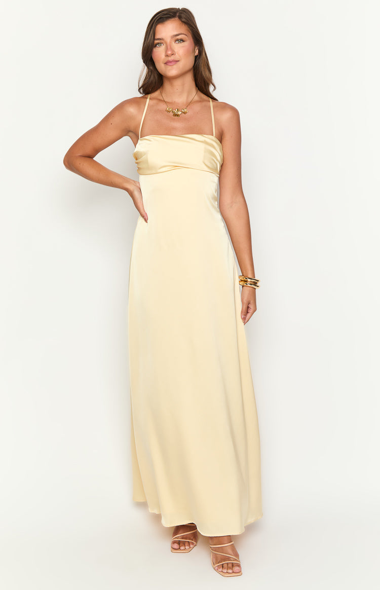 blaise yellow satin maxi dress Blaise Yellow Satin Maxi Dress Vivuki