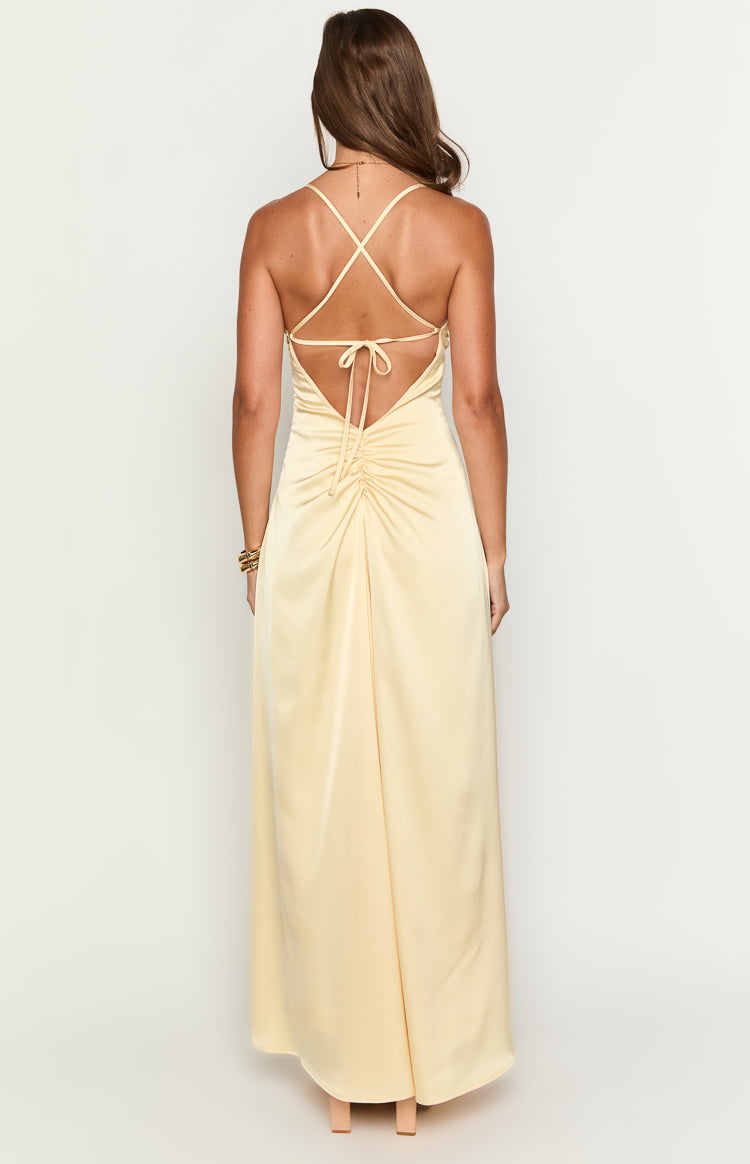 blaise yellow satin maxi dress Blaise Yellow Satin Maxi Dress Vivuki