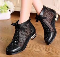 Women Ankle Boots Bow Hollow Mesh