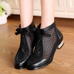Women Ankle Boots Bow Hollow Mesh