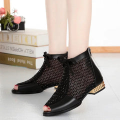 Women Ankle Boots Bow Hollow Mesh