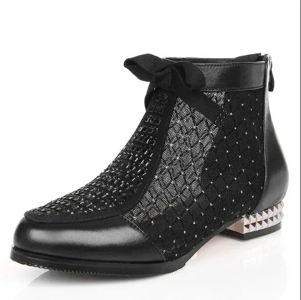 Women Ankle Boots Bow Hollow Mesh