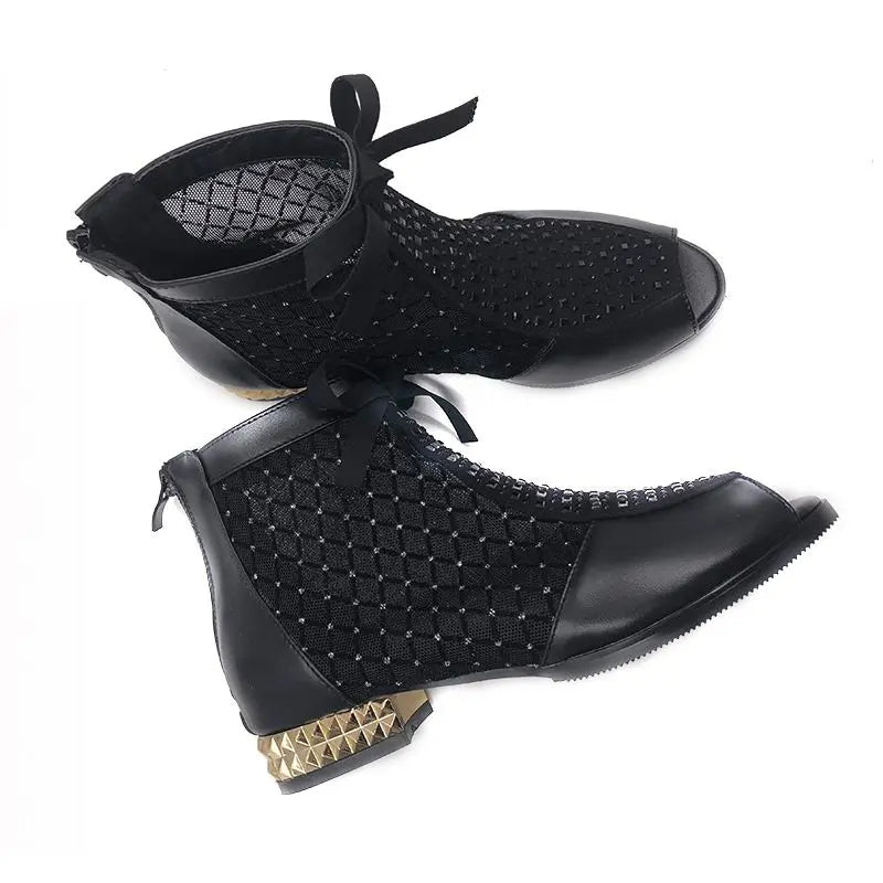 Women Ankle Boots Bow Hollow Mesh
