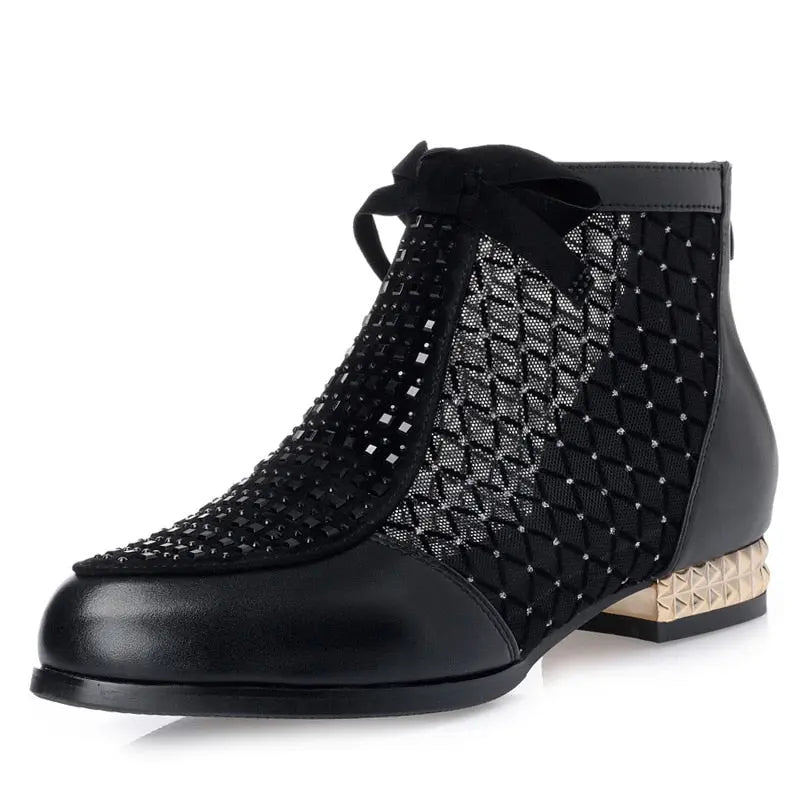 Women Ankle Boots Bow Hollow Mesh