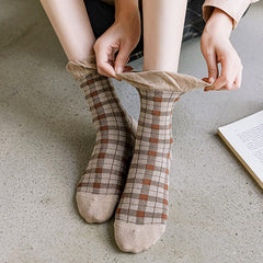 Brown Plaid Frilly Socks