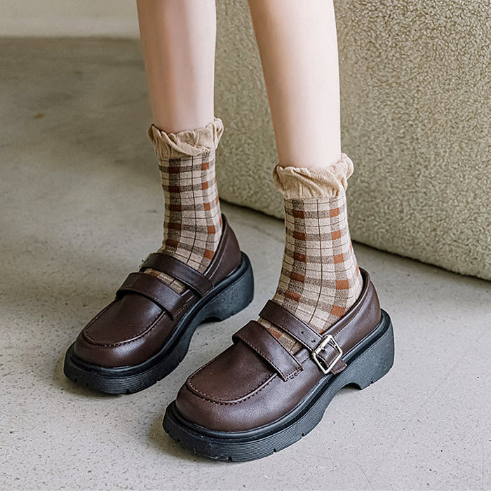 Brown Plaid Frilly Socks