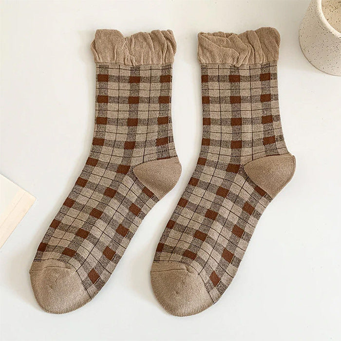 Brown Plaid Frilly Socks