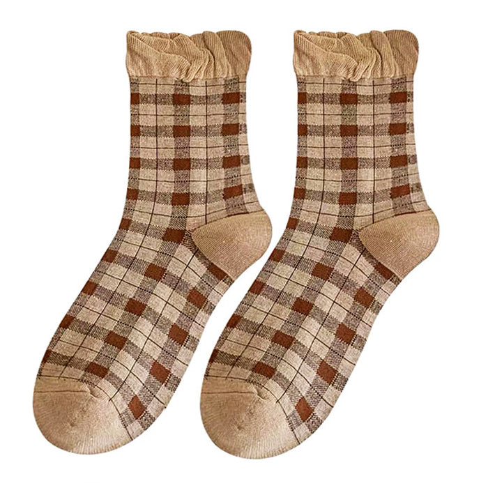 Brown Plaid Frilly Socks