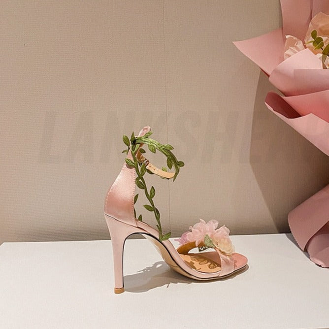Chiffon Flower High Heels Rattan Strappy Sandals