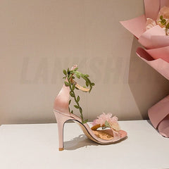 Chiffon Flower High Heels Rattan Strappy Sandals