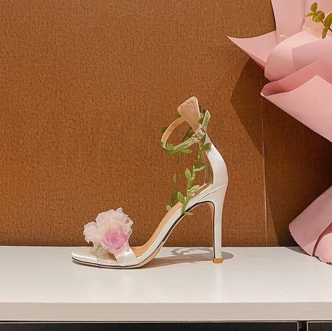 Chiffon Flower High Heels Rattan Strappy Sandals
