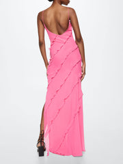 Pink Side Slit Backless Maxi Dress With Ruffle Detail