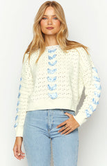 Darling White Knit Blue Ribbon Sweater