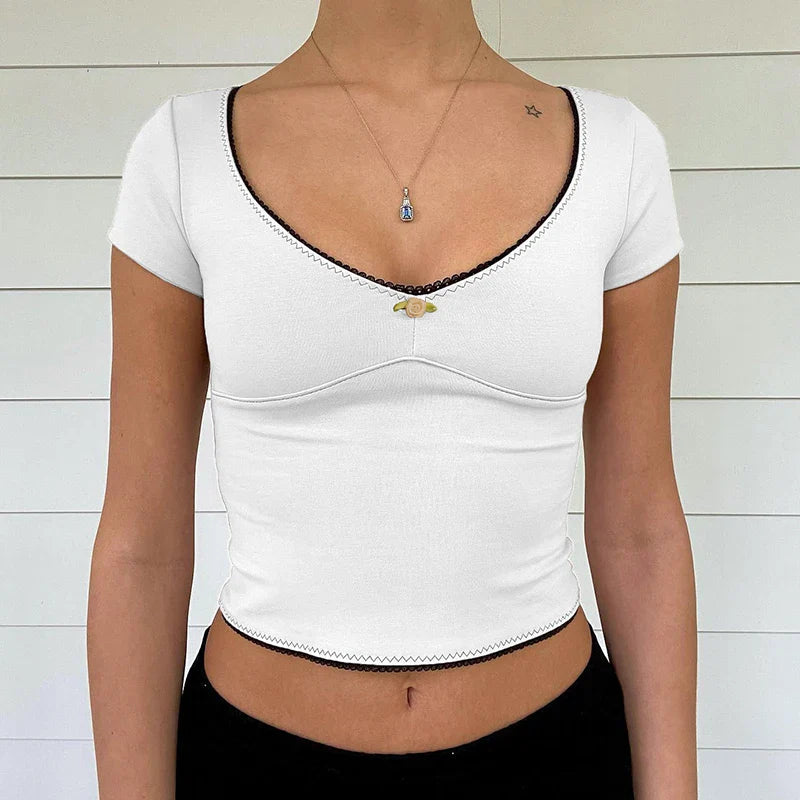 Basic Lace Trim Short Sleeve Crop Top