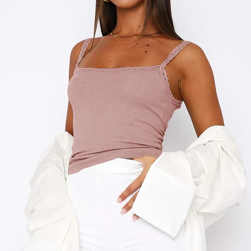 Basic Strap Lace Trim Crop Knit Top