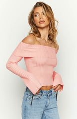 Della Pink Off The Shoulder Long Sleeve Knit Top