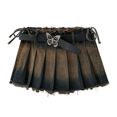 Denim Distressed Pleated Mini Skirt