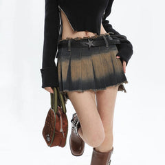 Denim Distressed Pleated Mini Skirt