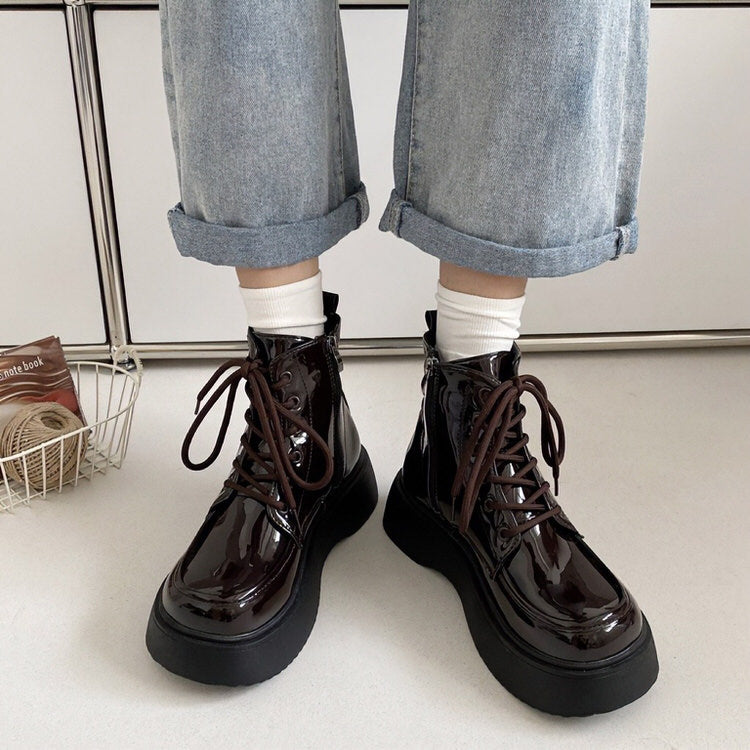 Fall Aesthetic Lacquered Lace Up Boots