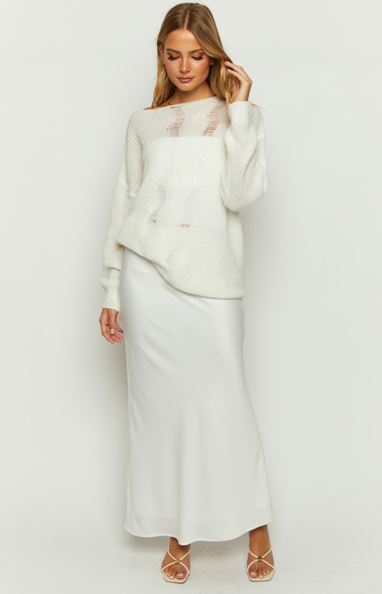 Genevieve White Satin Maxi Skirt