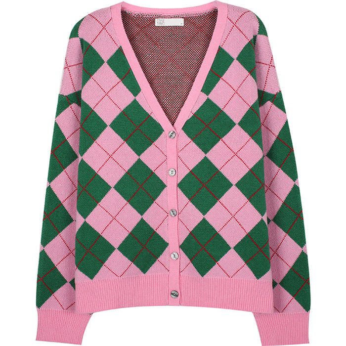 Green & Pink Argyle Pattern Cardigan