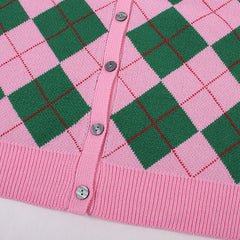 Green & Pink Argyle Pattern Cardigan