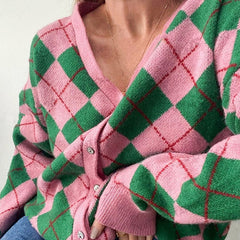 Green & Pink Argyle Pattern Cardigan