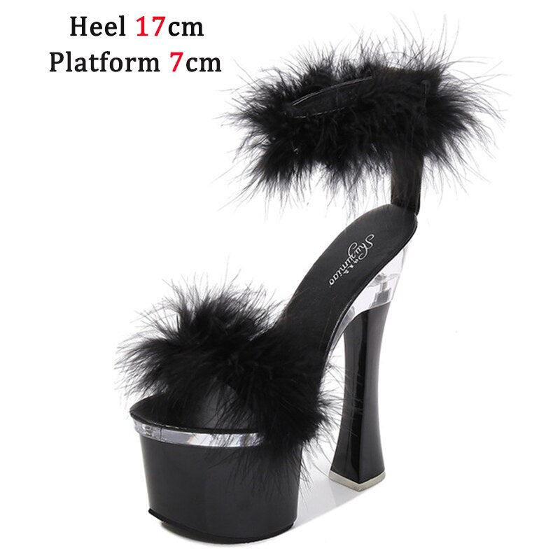 Feather Thick High Heels Platform Sandals