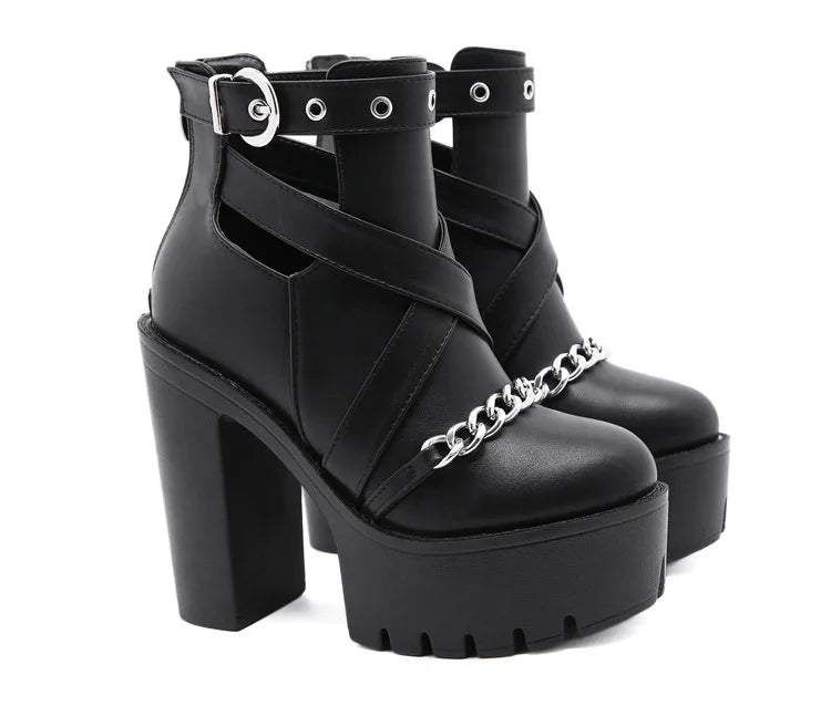 Cut-outs Buckle Chain Thick Heels Platform Boots