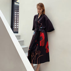 Black Women's Light Luxury Silky Satin Kimono Robe