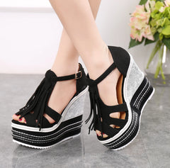 Tassel Wedge Heels Platform T Strap Open Toe Sandals