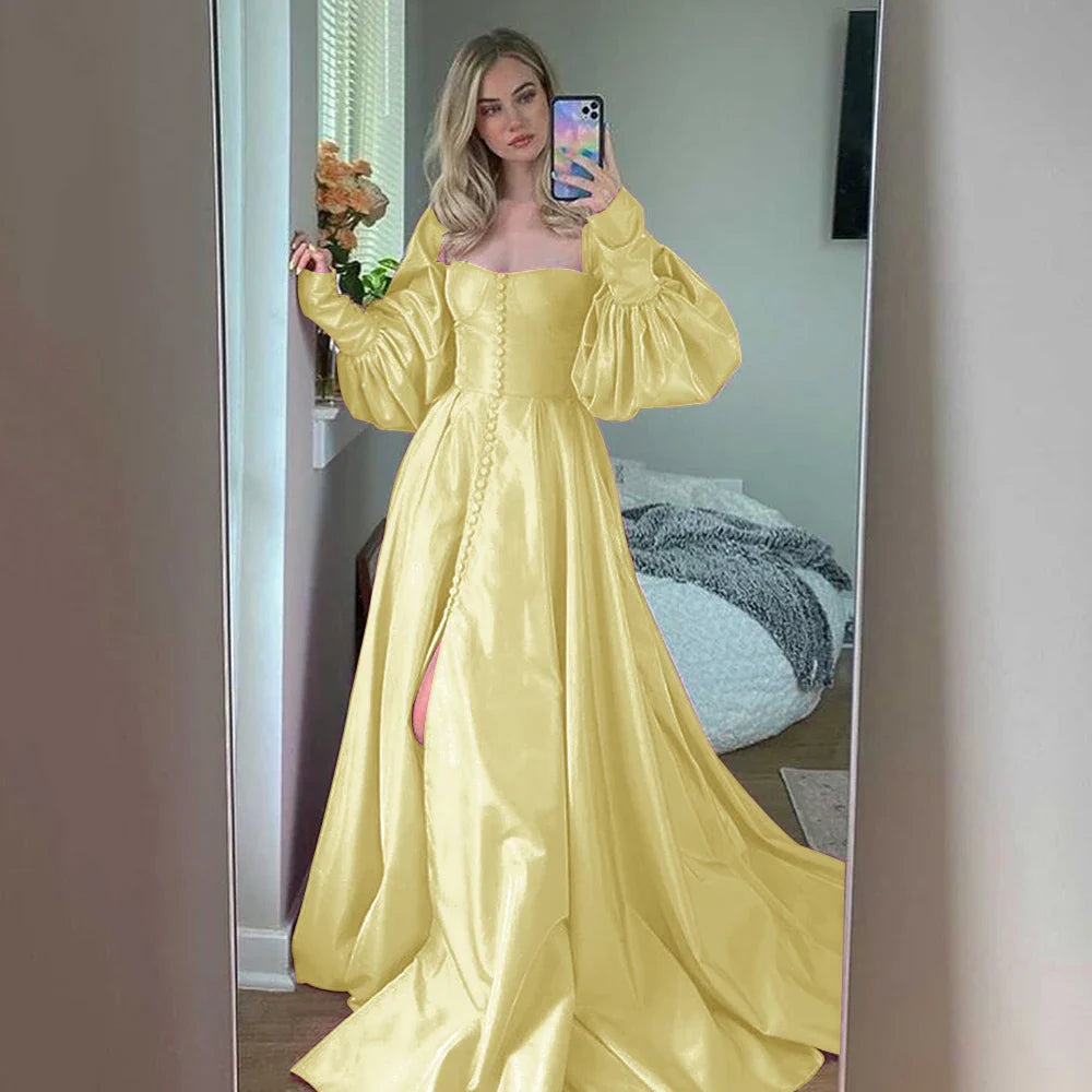 Bishop Sleeves High Slit Taffeta Long Gowns