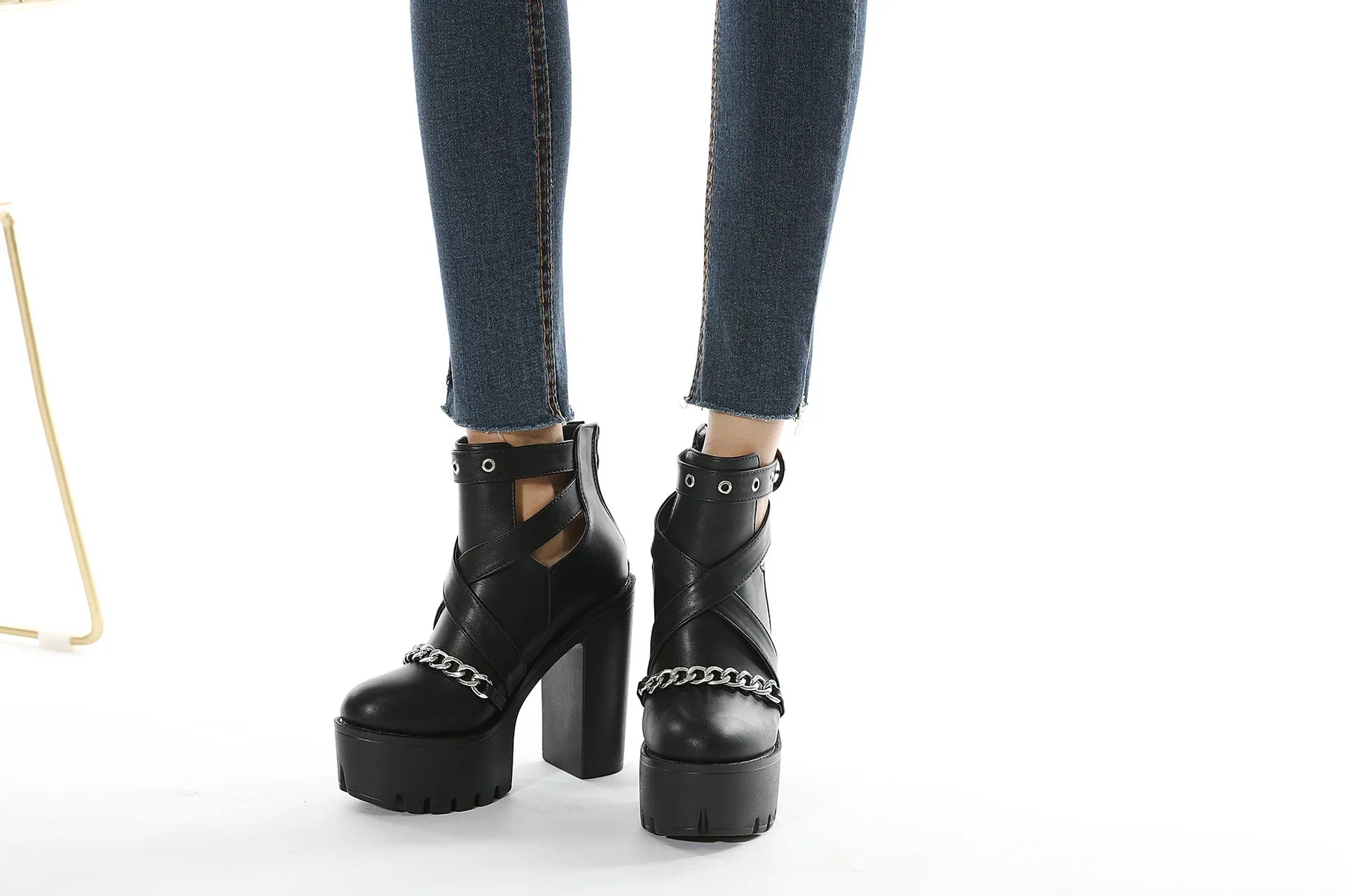 Cut-outs Buckle Chain Thick Heels Platform Boots