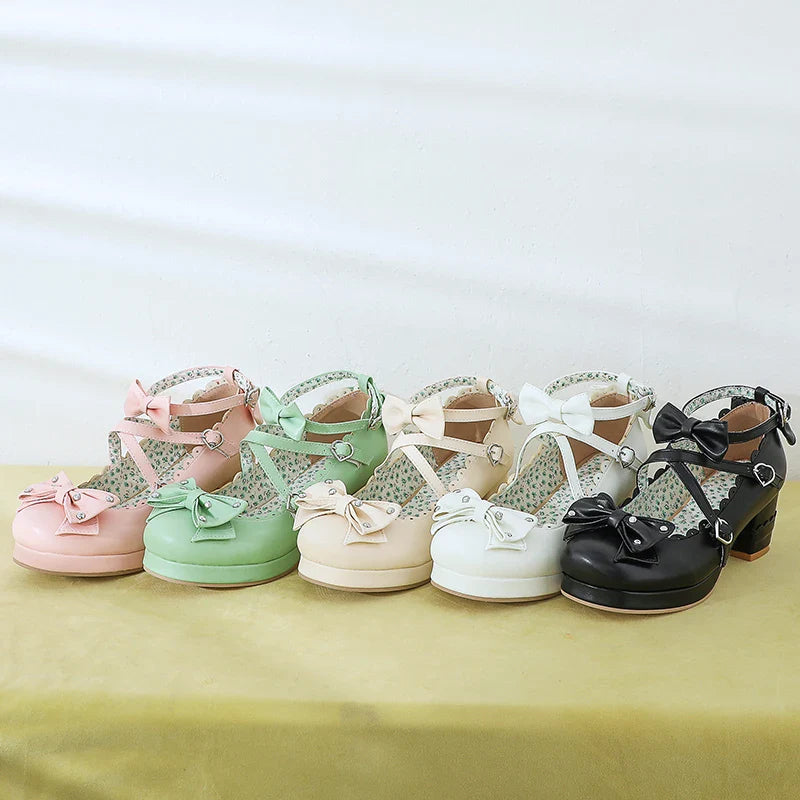 Bows Cross Strap Block Heel Mary Jane Pumps