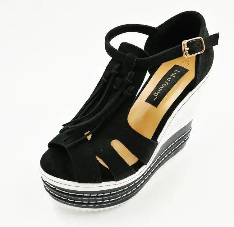 Tassel Wedge Heels Platform T Strap Open Toe Sandals