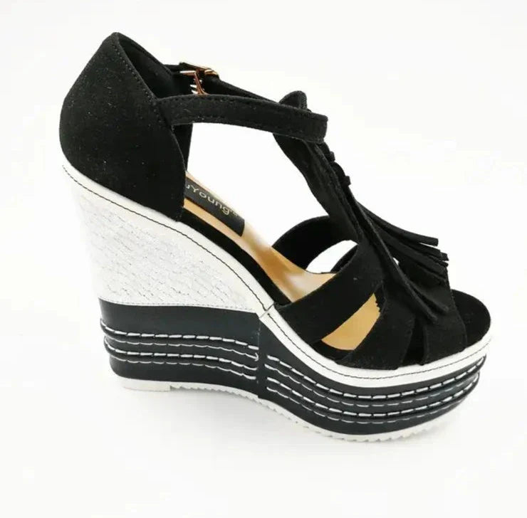 Tassel Wedge Heels Platform T Strap Open Toe Sandals