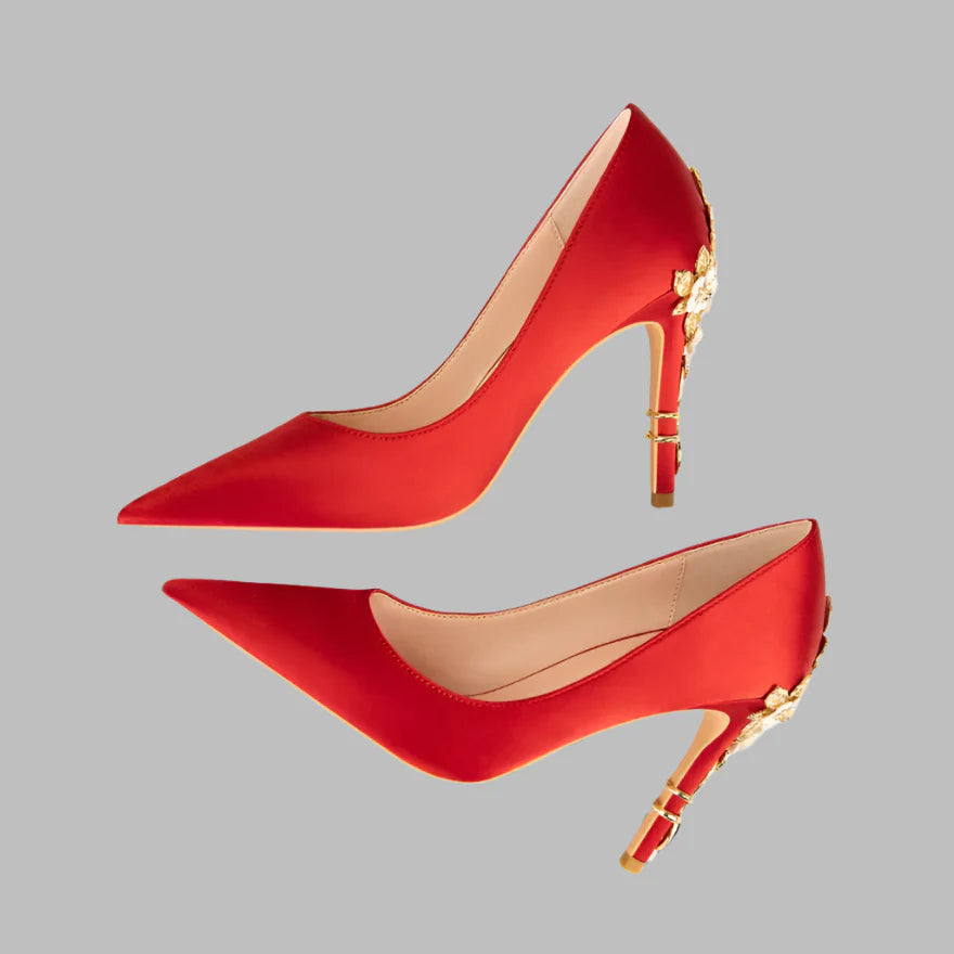 Metal Flowers Heel Crystal Pointed Soft Silk Shoes