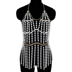 Adjustable Halter Pearl Body Chain Sling Top