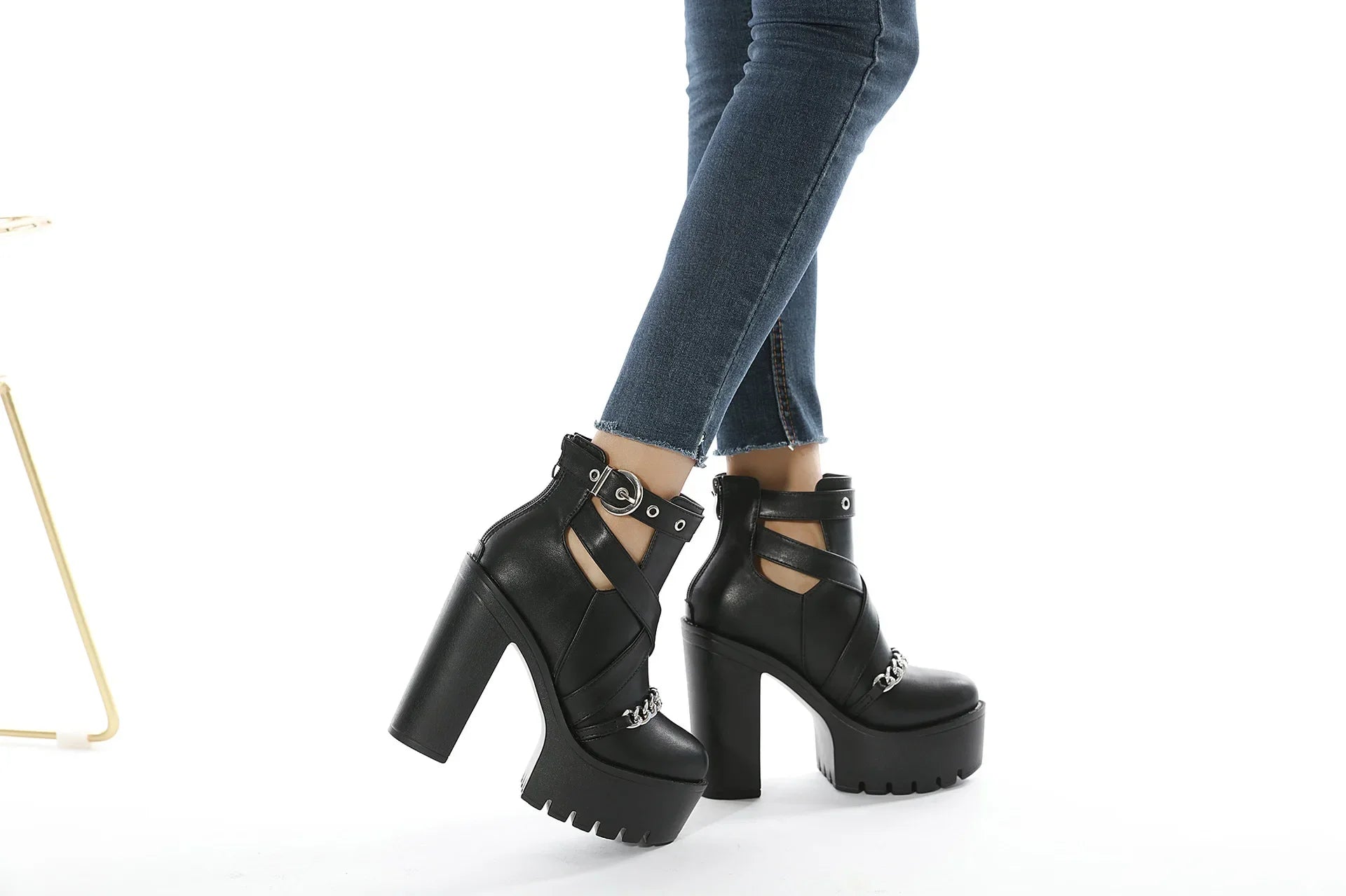 Cut-outs Buckle Chain Thick Heels Platform Boots