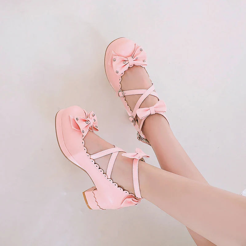 Bows Cross Strap Block Heel Mary Jane Pumps