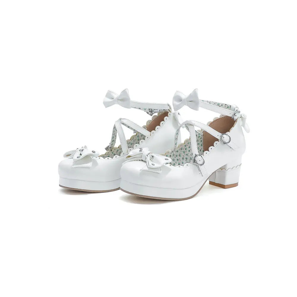 Bows Cross Strap Block Heel Mary Jane Pumps