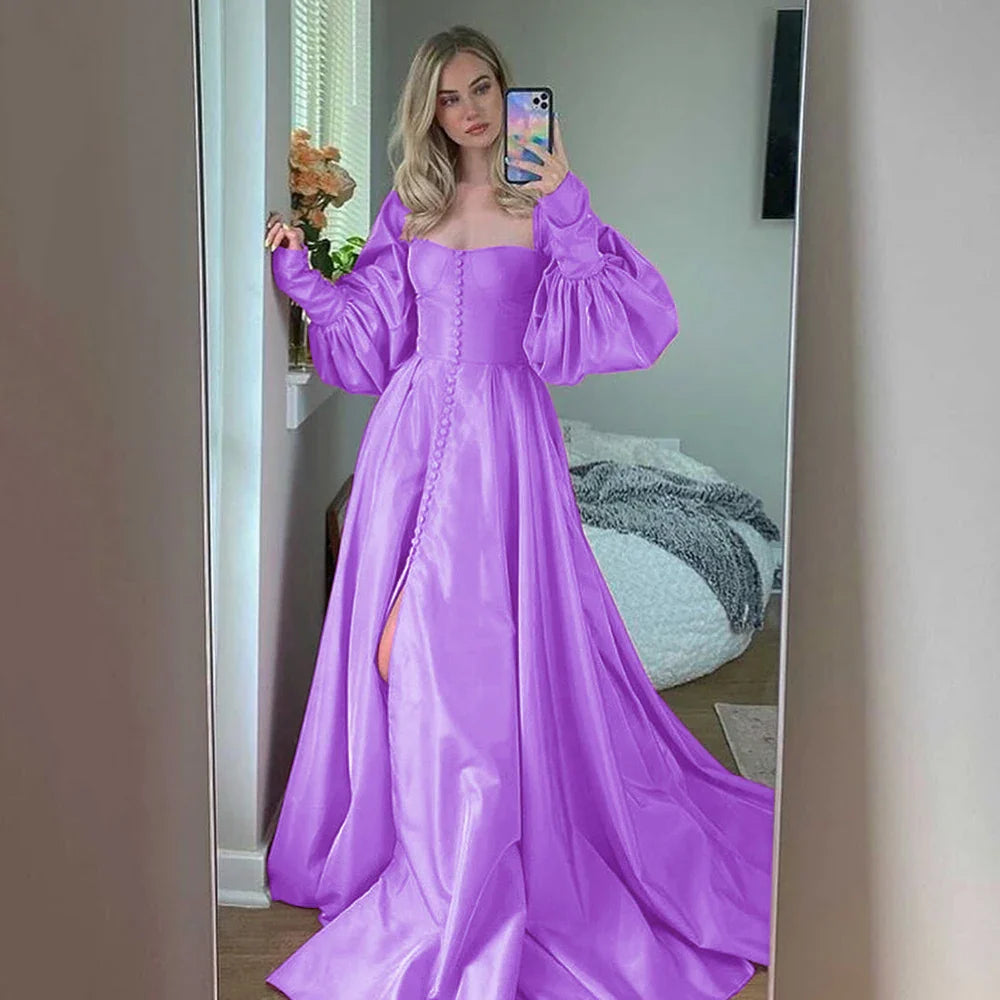 Bishop Sleeves High Slit Taffeta Long Gowns