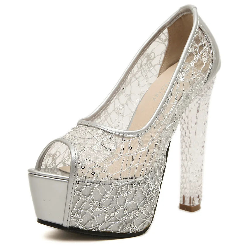 Lace Peep Toe High Heel Shoes