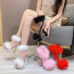 Feather Thick High Heels Platform Sandals