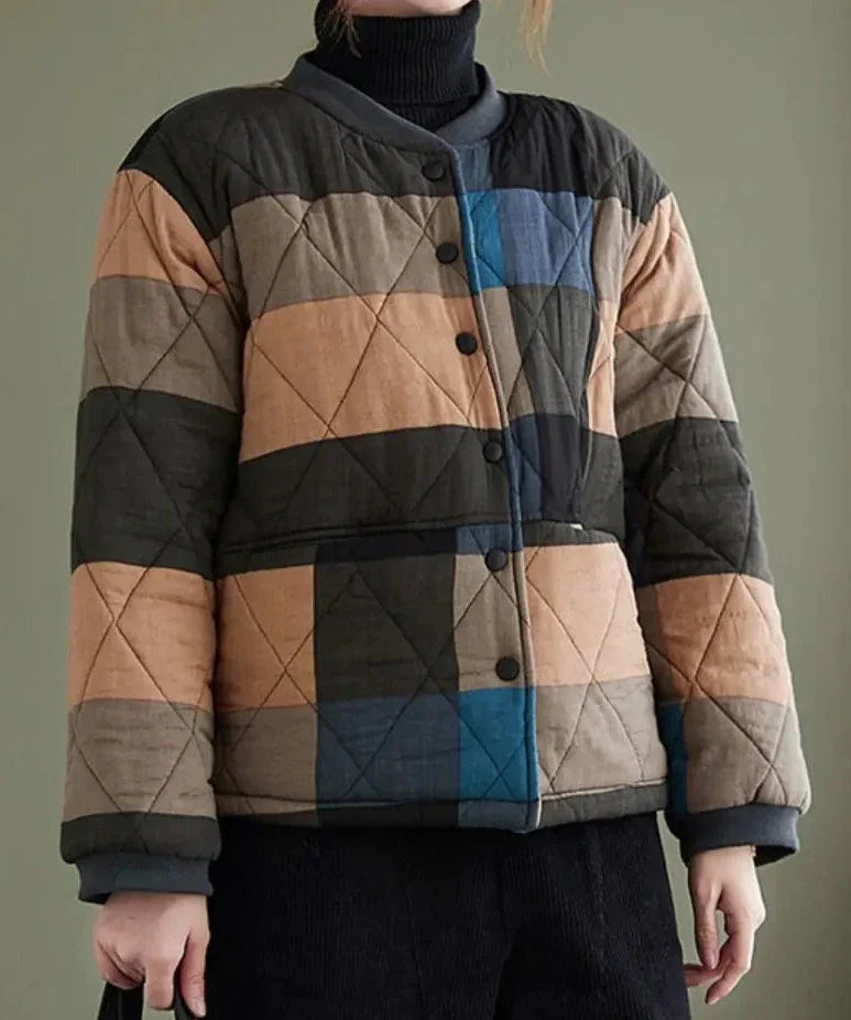 Cotton Linen Plaid Quilted Lightweight Jacket