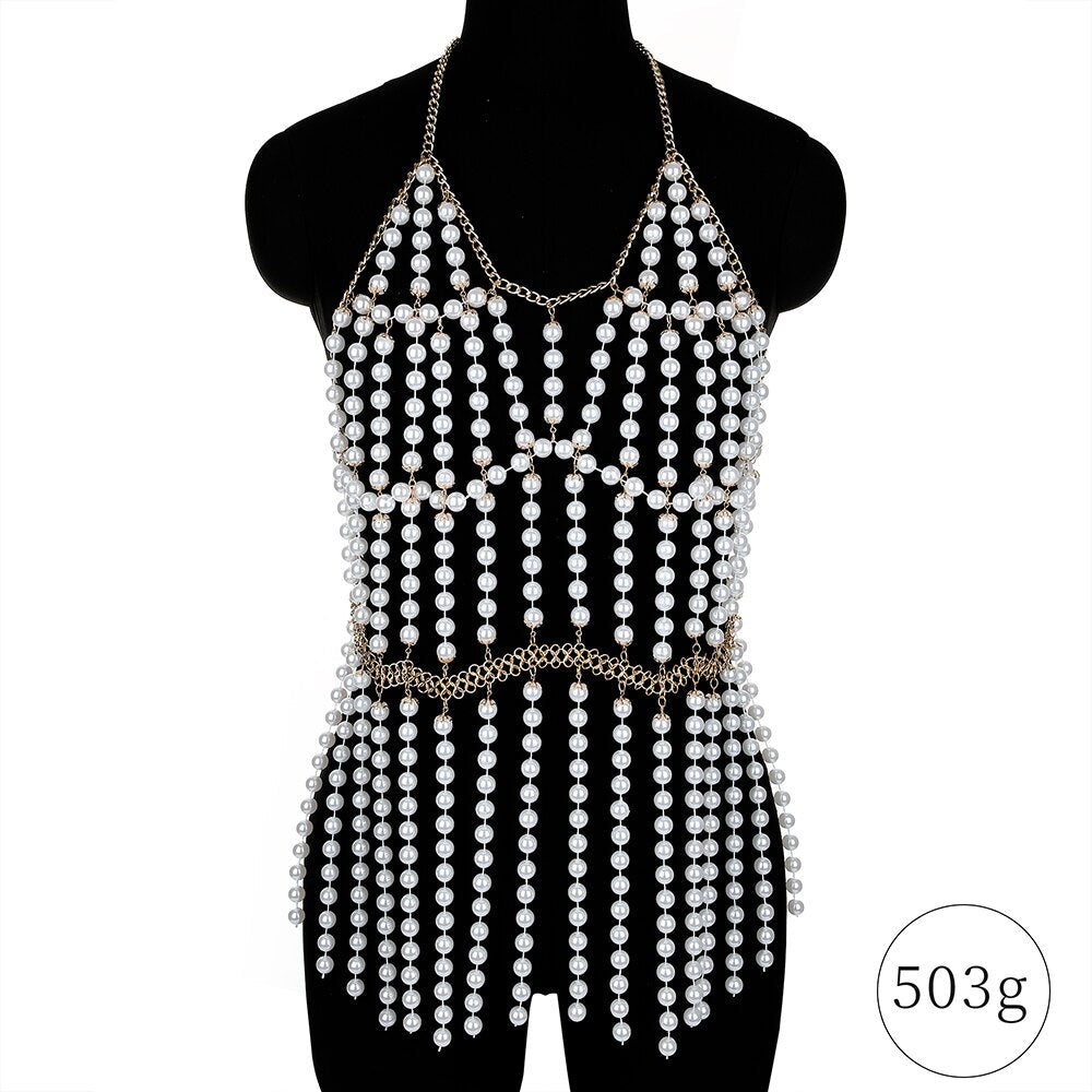 Adjustable Halter Pearl Body Chain Sling Top