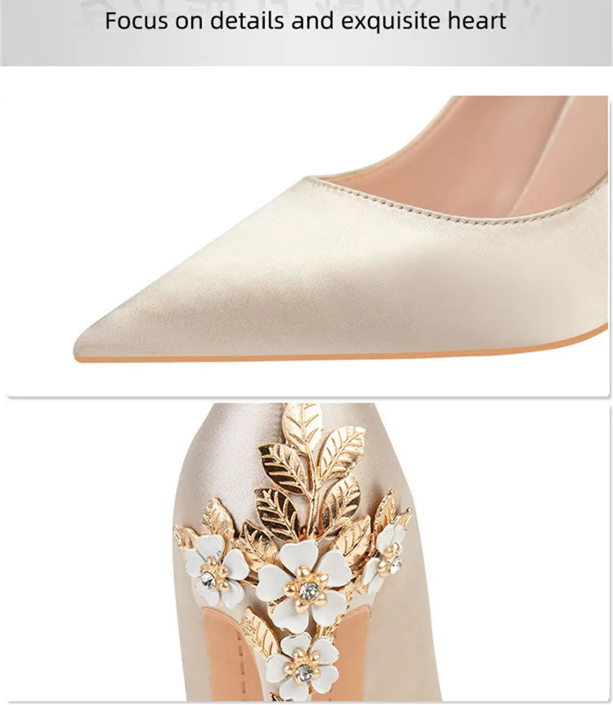 Metal Flowers Heel Crystal Pointed Soft Silk Shoes