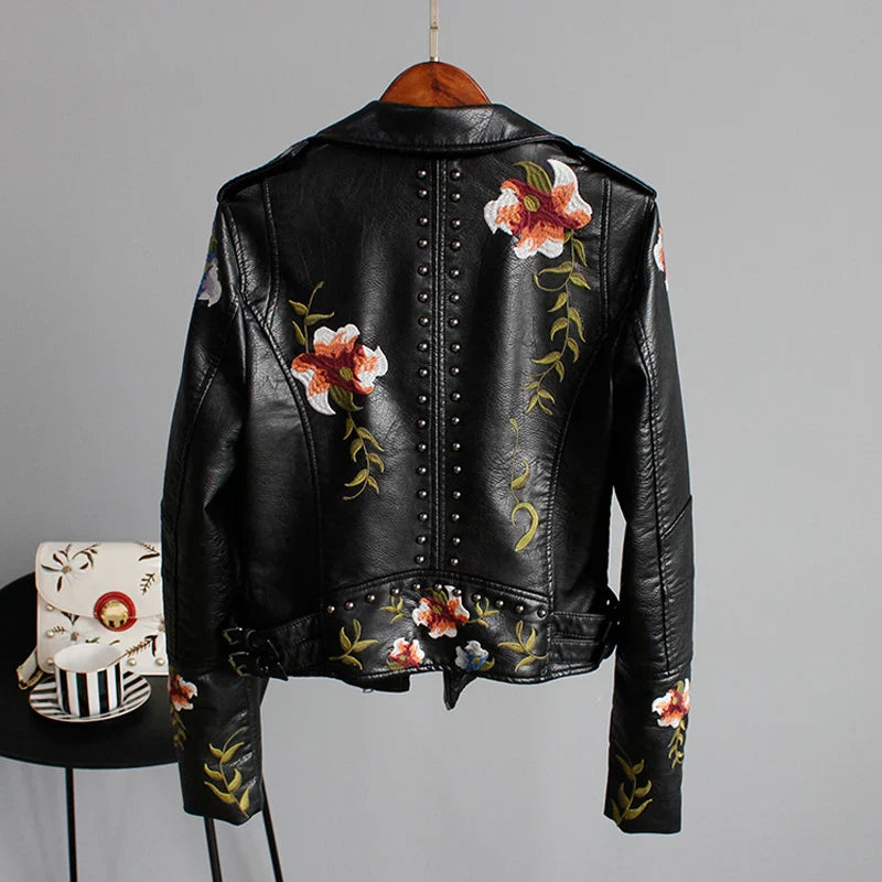 Embroidery Faux Soft Leather Rivet Jacket