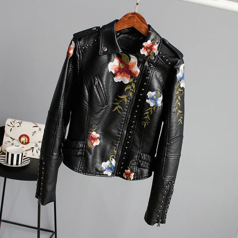 Embroidery Faux Soft Leather Rivet Jacket